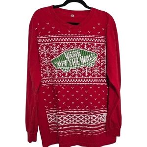 Vans Red Long Sleeve Holiday TShirt with Green and White Pattern Large
